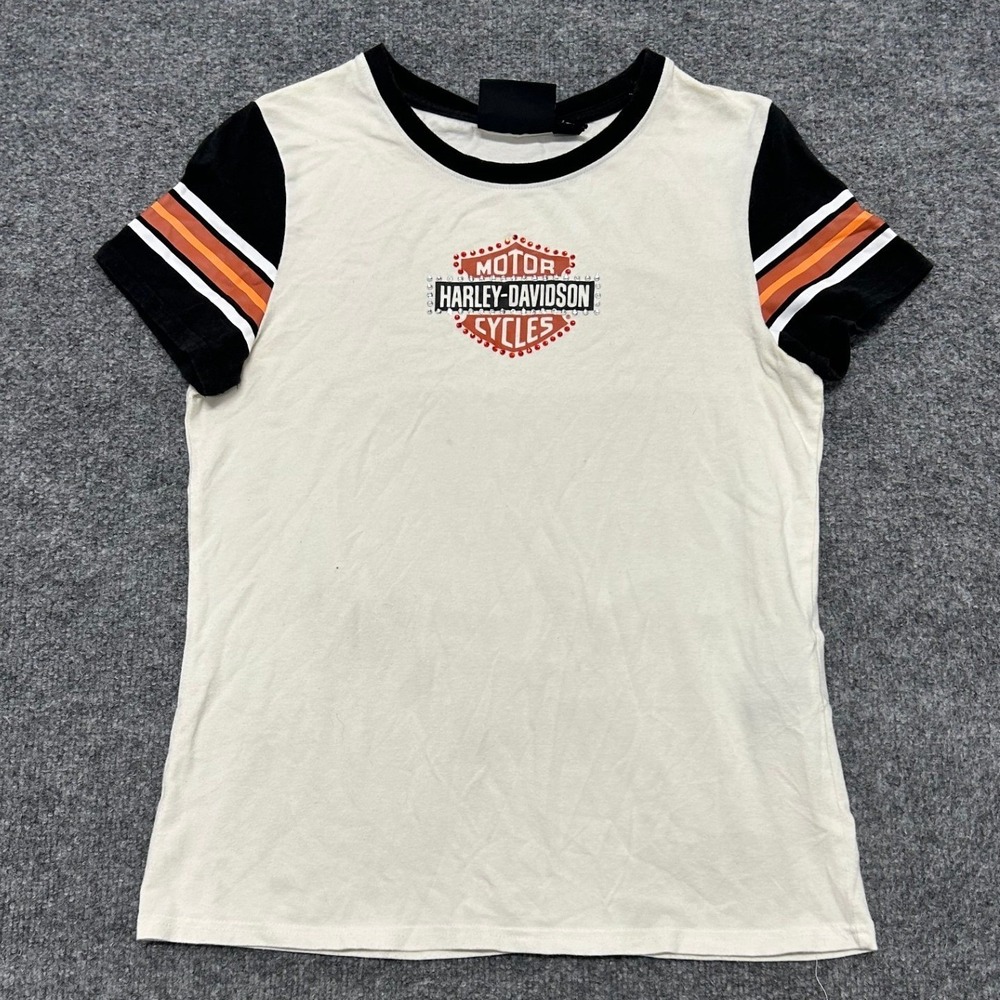 Harley-Davidson T-Shirt Womens Size S Cream Black Orange Stripe Rhinestone Logo